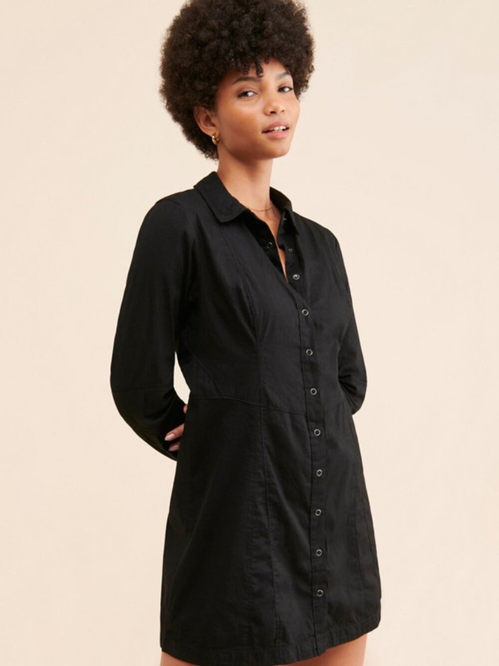 Free People Black Thea Mini Shirt Dress Snap Button Flared Cuff Long Sleeve L